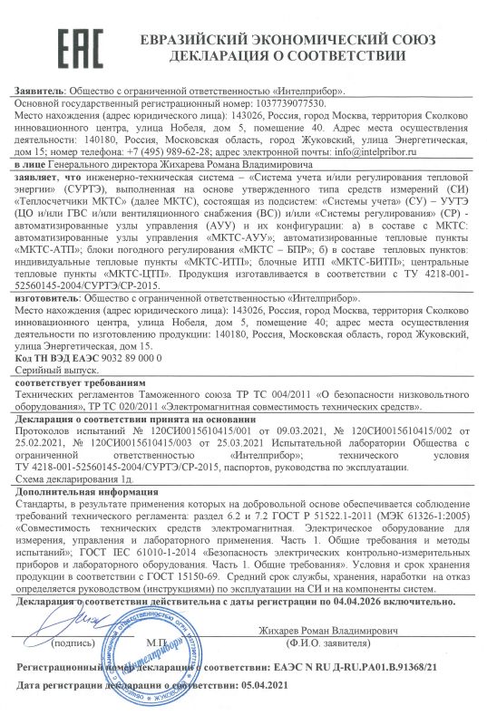 Декларация о соответствии ЕАЭС N RU Д-RU.РА01.В.91368/21 Действительна до 04.04.2026 г.
